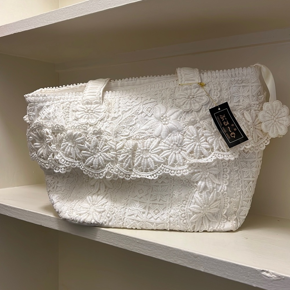 NEW Japanese white floral pattern flower handbag tote purse hand made